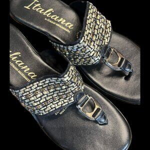 New! Women's Italiana Lovelace Balck Two" Wedge Heel With Gold Beading Size 7